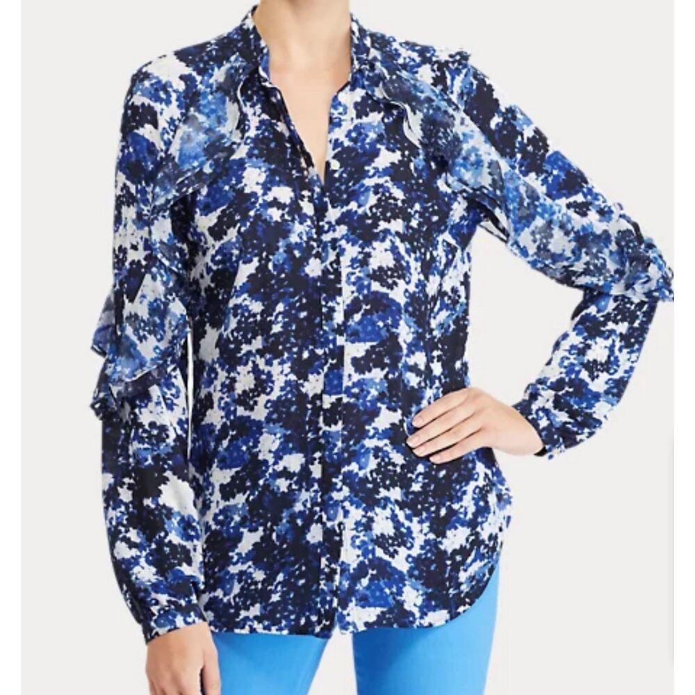 LAUREN RALPH LAUREN Size Large Blouse Floral Print Georgette Blue $89 MSRP - Picture 2 of 9